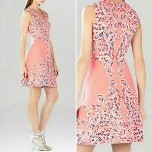 BCBGMaxazria Floral Knit Jacquard Sweater Dress Coral SZ Medium